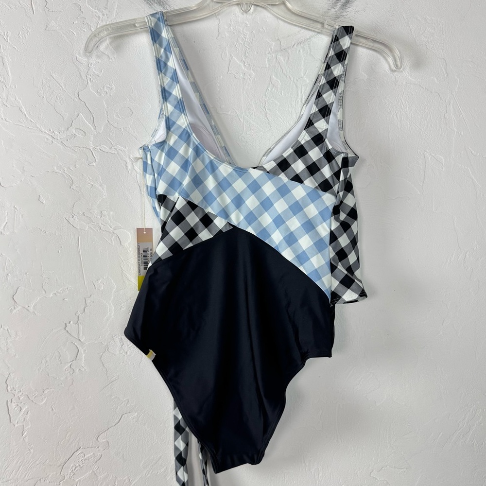 Summersalt Swim Suit‎ One Piece The Perfect Wrap Tie Front Gingham Blue Black - Picture 2 of 8